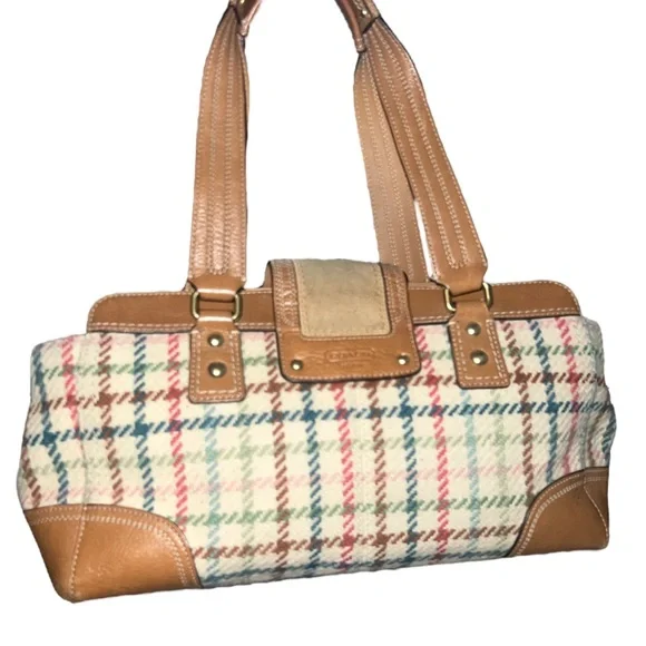 Vintage Coach Hampton Wool Tattersall Carryall Satchel Bag In Tan/Cream - Picture 2 of 4